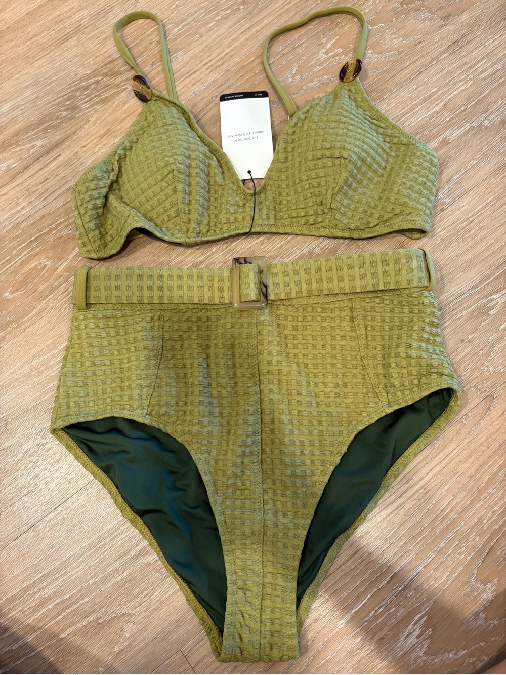 SHEIN Olive Green Textured High-Waist Bikini Set